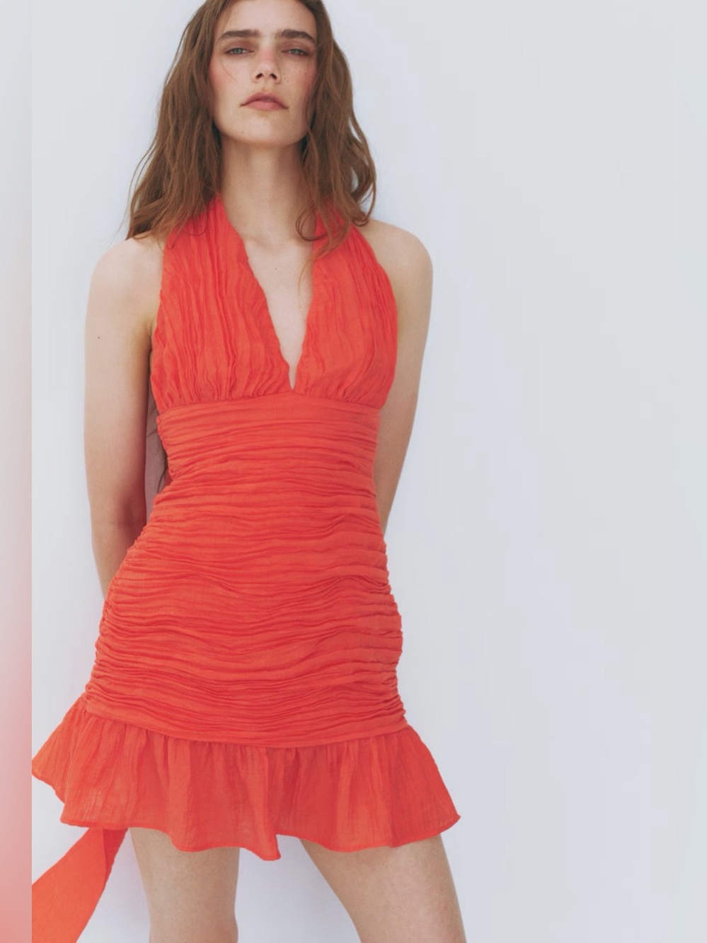 H&M Coral Orange Halter Ruched Ruffle Mini Dress ✨ Medium Never Worn